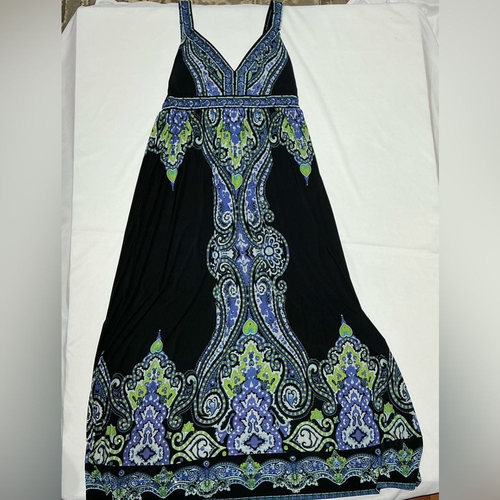 INC International Concepts Black Maxi Dress with Blue & Green Paisley Print